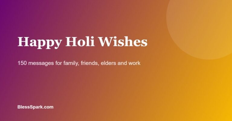 150 happy Holi wishes on a purple and yellow background